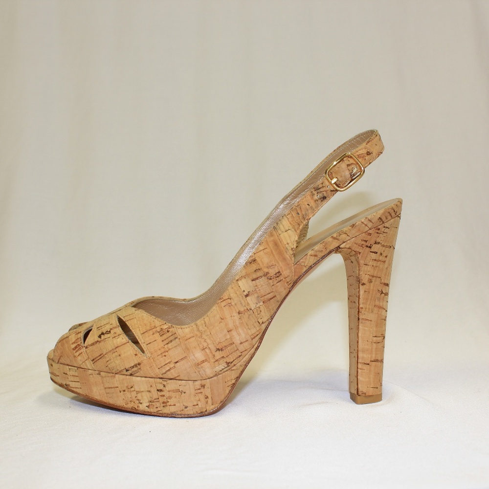 Stuart Weitzman Cork Slingback Peep-Toe Pumps